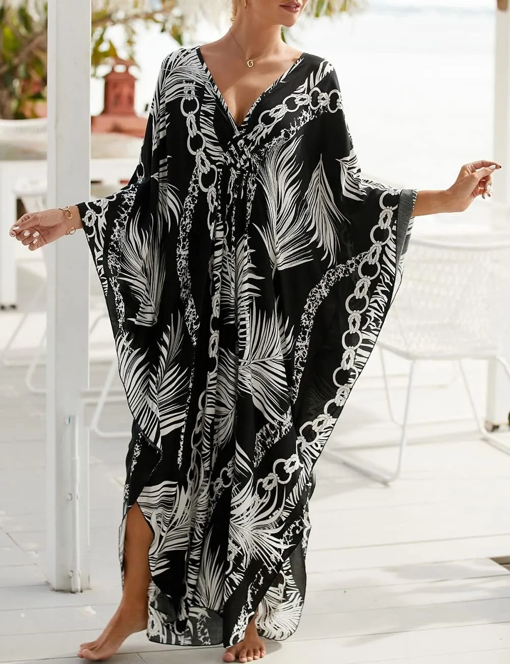 Bsubseach Plus Size Kaftan Dresses for Women Long Beach Cover Up V Neck Boho Summer Caftan Dress Loungewear