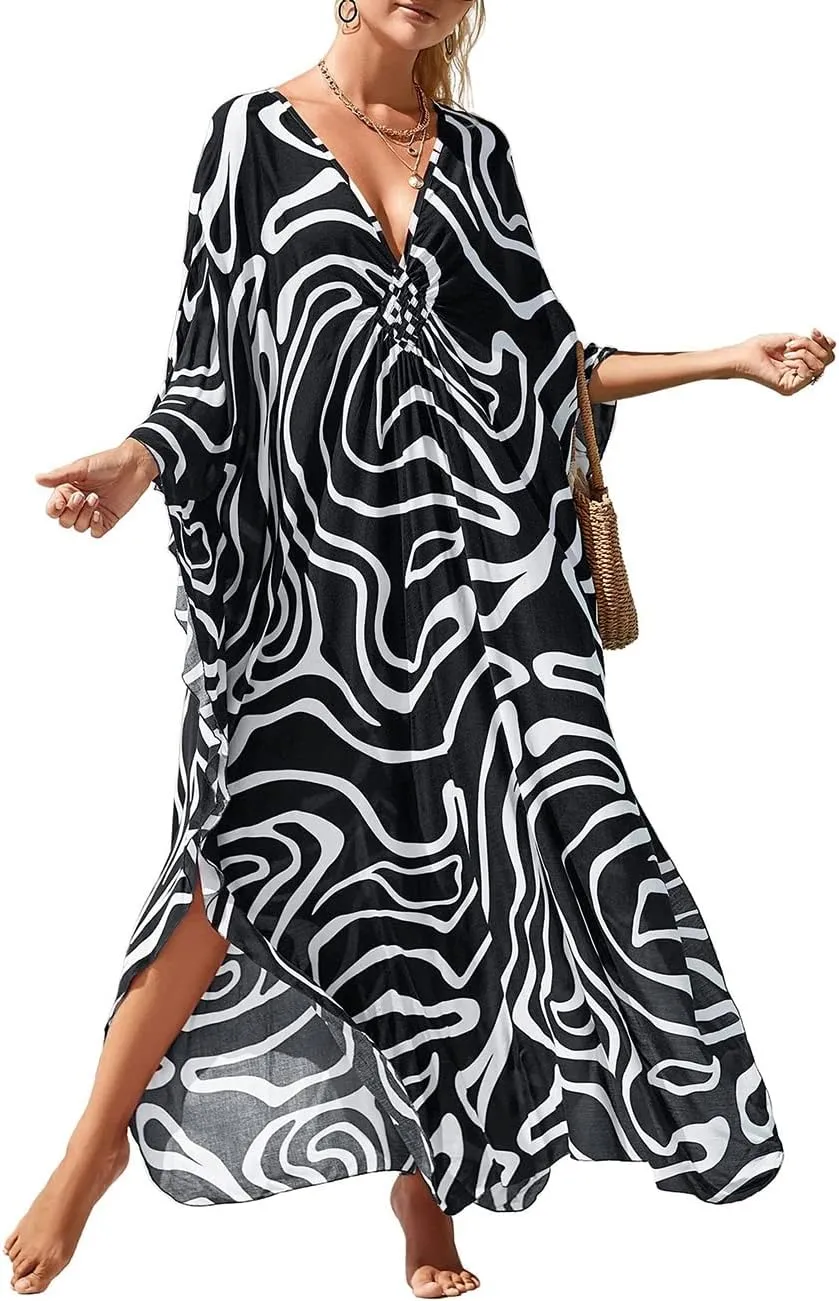 Bsubseach Plus Size Kaftan Dresses for Women Long Beach Cover Up V Neck Boho Summer Caftan Dress Loungewear