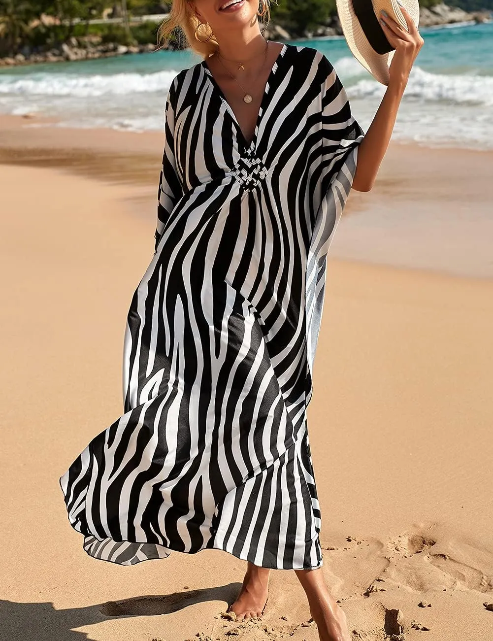 Bsubseach Plus Size Kaftan Dresses for Women Long Beach Cover Up V Neck Boho Summer Caftan Dress Loungewear