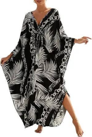 Bsubseach Plus Size Kaftan Dresses for Women Long Beach Cover Up V Neck Boho Summer Caftan Dress Loungewear