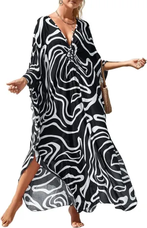 Bsubseach Plus Size Kaftan Dresses for Women Long Beach Cover Up V Neck Boho Summer Caftan Dress Loungewear