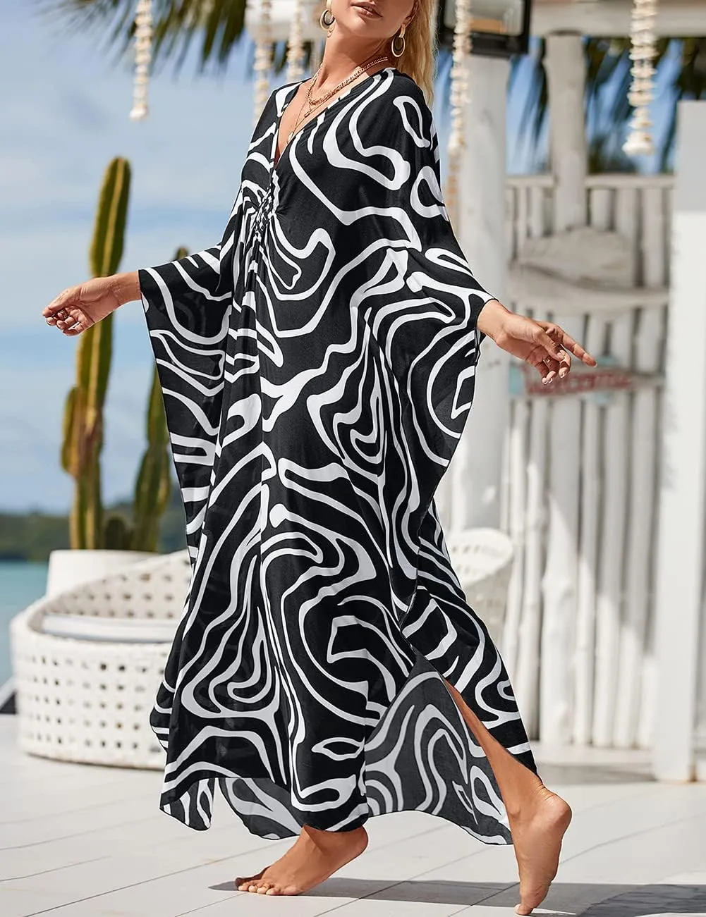 Bsubseach Plus Size Kaftan Dresses for Women Long Beach Cover Up V Neck Boho Summer Caftan Dress Loungewear