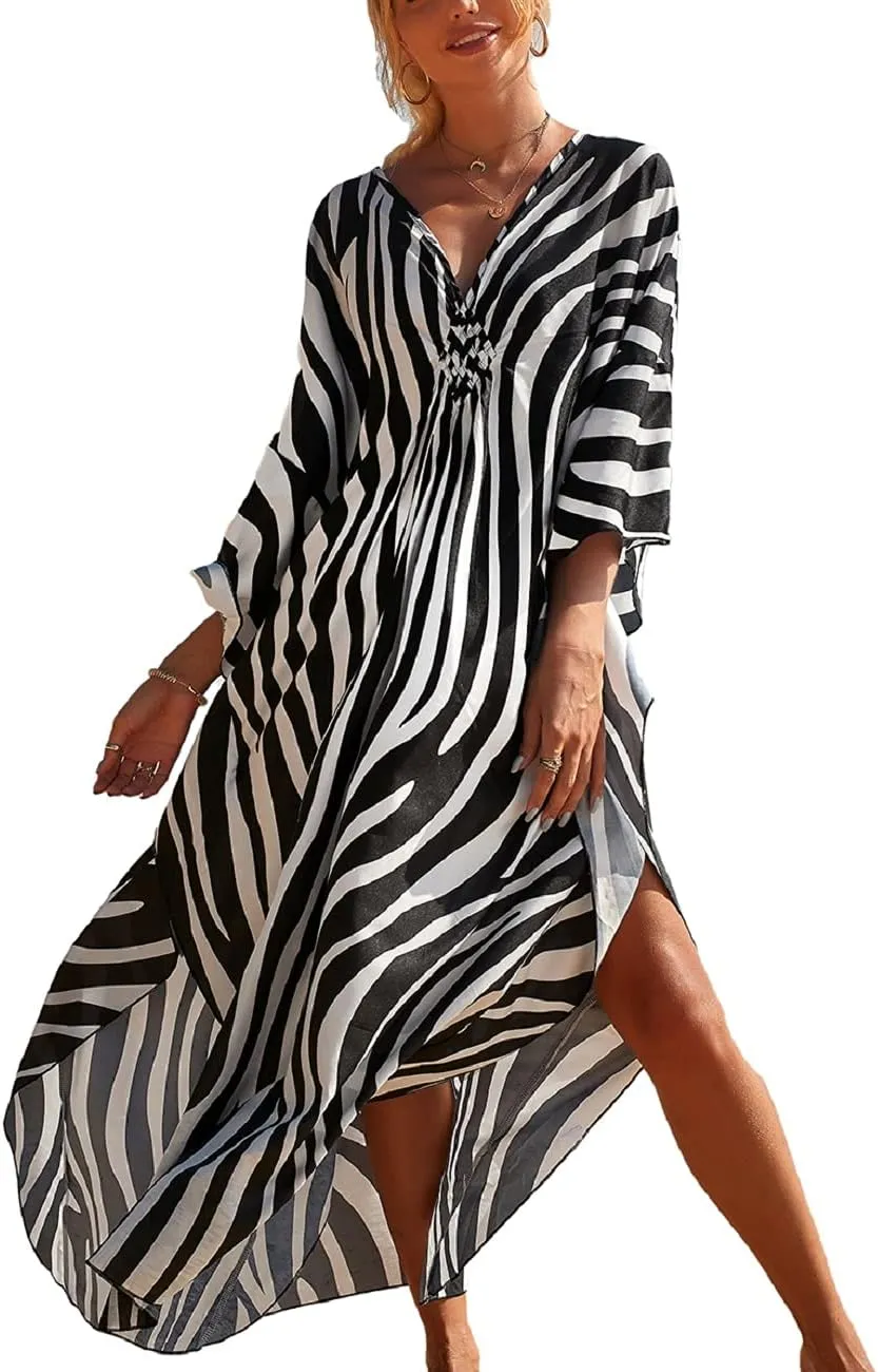 Bsubseach Plus Size Kaftan Dresses for Women Long Beach Cover Up V Neck Boho Summer Caftan Dress Loungewear