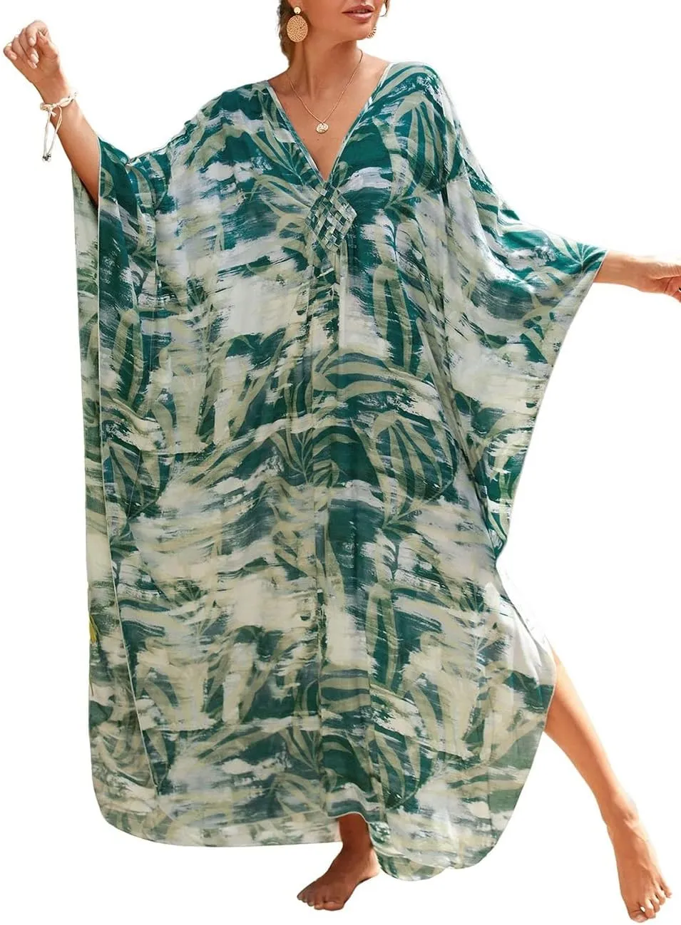 Bsubseach Plus Size Kaftan Dresses for Women Long Beach Cover Up V Neck Boho Summer Caftan Dress Loungewear