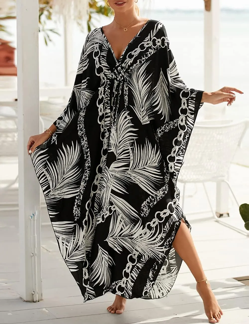 Bsubseach Plus Size Kaftan Dresses for Women Long Beach Cover Up V Neck Boho Summer Caftan Dress Loungewear