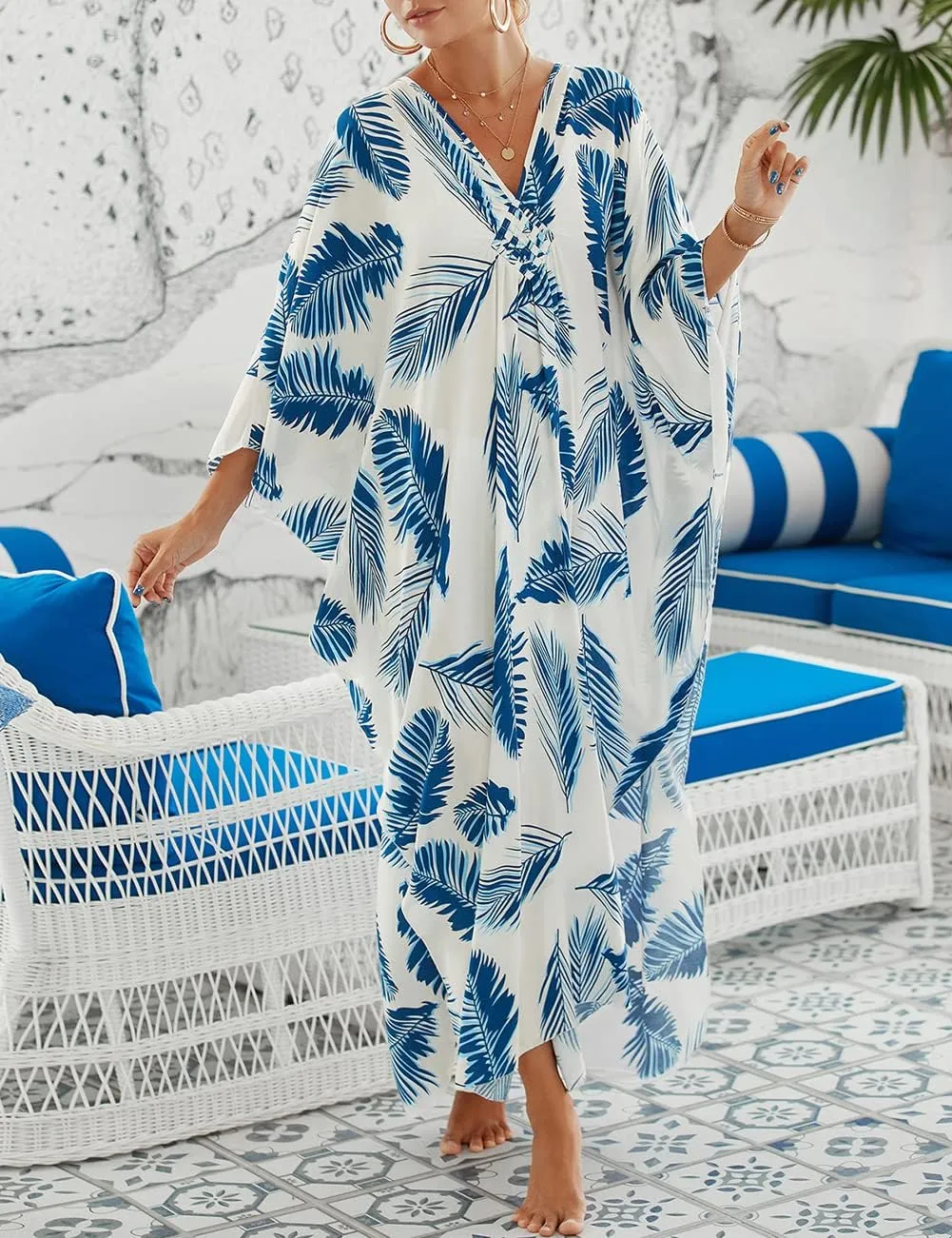 Bsubseach Plus Size Kaftan Dresses for Women Long Beach Cover Up V Neck Boho Summer Caftan Dress Loungewear