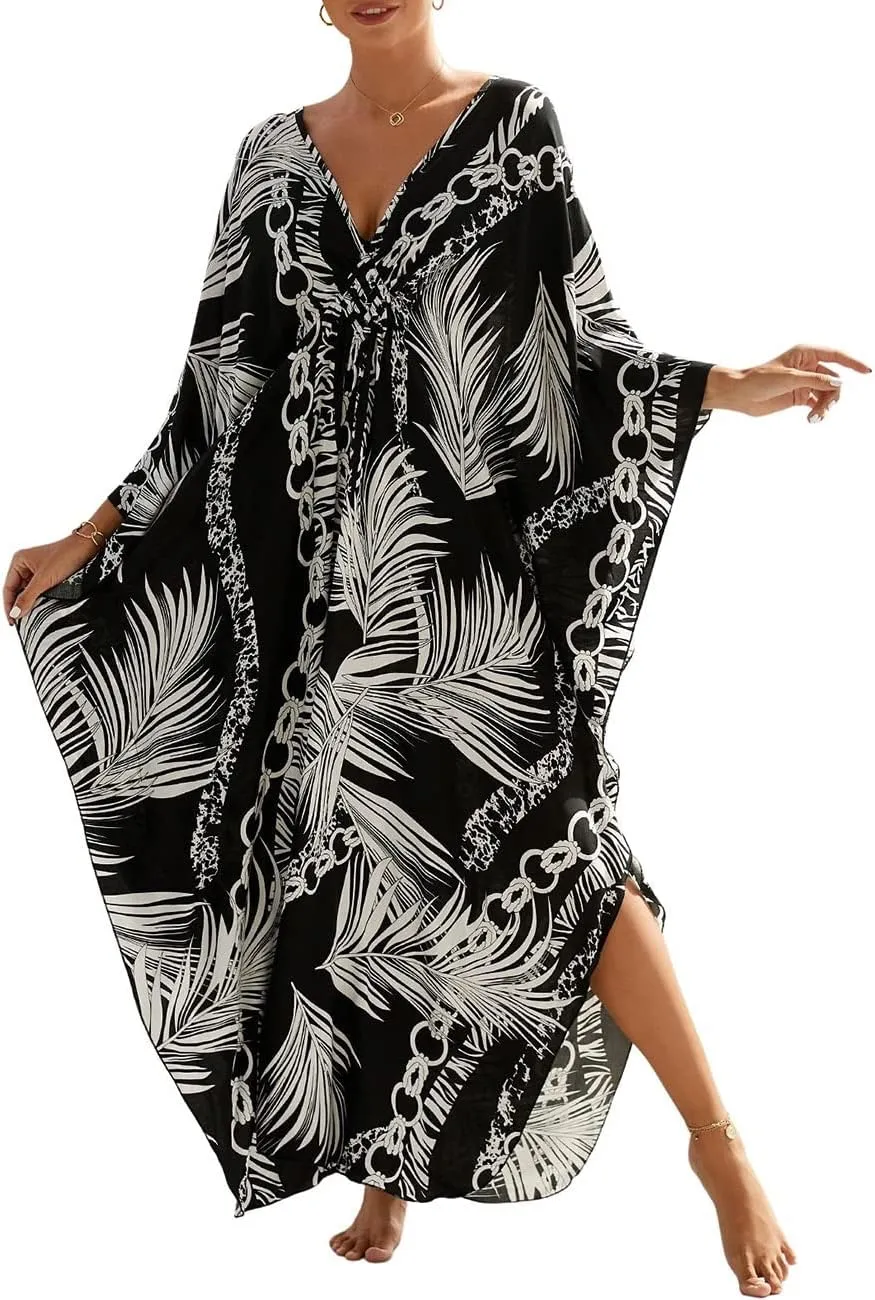 Bsubseach Plus Size Kaftan Dresses for Women Long Beach Cover Up V Neck Boho Summer Caftan Dress Loungewear