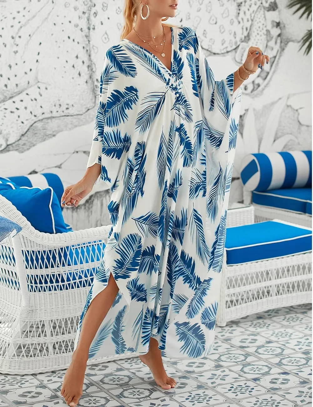 Bsubseach Plus Size Kaftan Dresses for Women Long Beach Cover Up V Neck Boho Summer Caftan Dress Loungewear