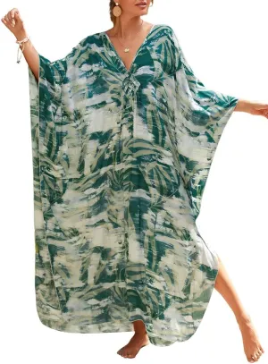 Bsubseach Plus Size Kaftan Dresses for Women Long Beach Cover Up V Neck Boho Summer Caftan Dress Loungewear