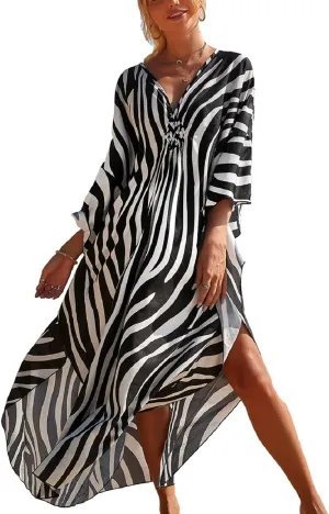 Bsubseach Plus Size Kaftan Dresses for Women Long Beach Cover Up V Neck Boho Summer Caftan Dress Loungewear