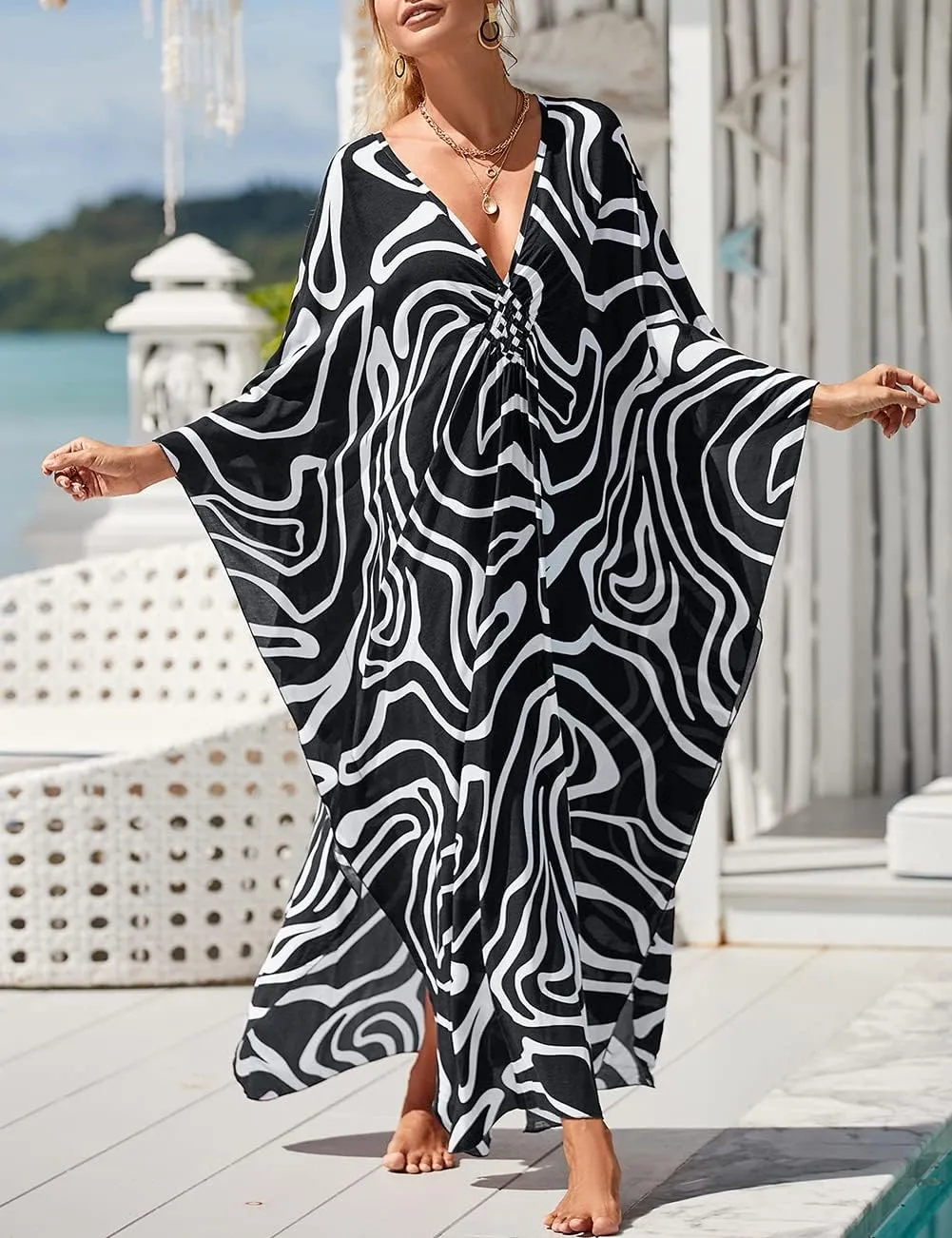 Bsubseach Plus Size Kaftan Dresses for Women Long Beach Cover Up V Neck Boho Summer Caftan Dress Loungewear