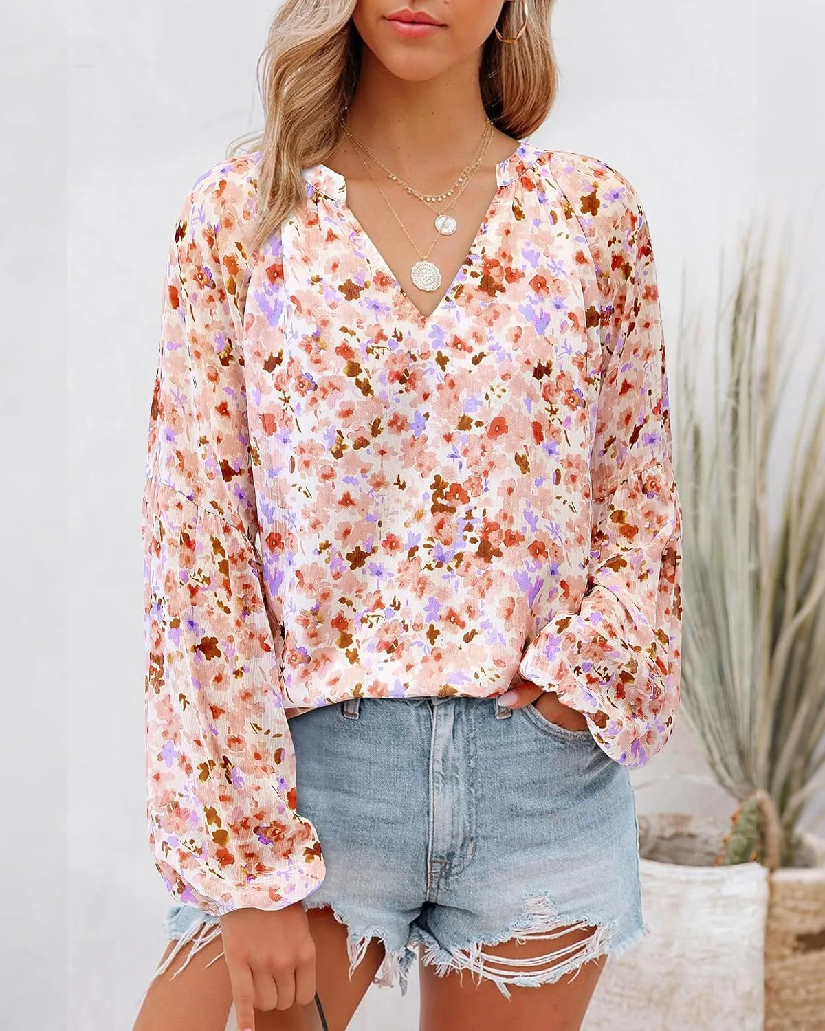 BTFBM Boho Blouses for Women Dressy Casual Floral Long Sleeve Shirts V Neck Lightweight Chiffon Summer Spring Tops 2025