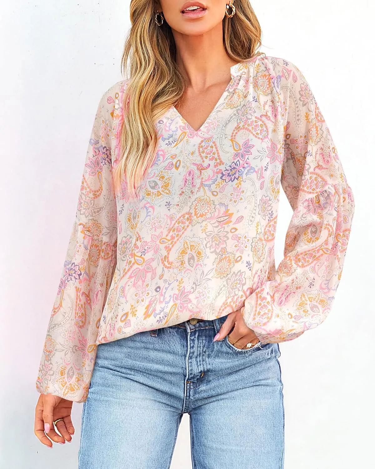 BTFBM Boho Blouses for Women Dressy Casual Floral Long Sleeve Shirts V Neck Lightweight Chiffon Summer Spring Tops 2025