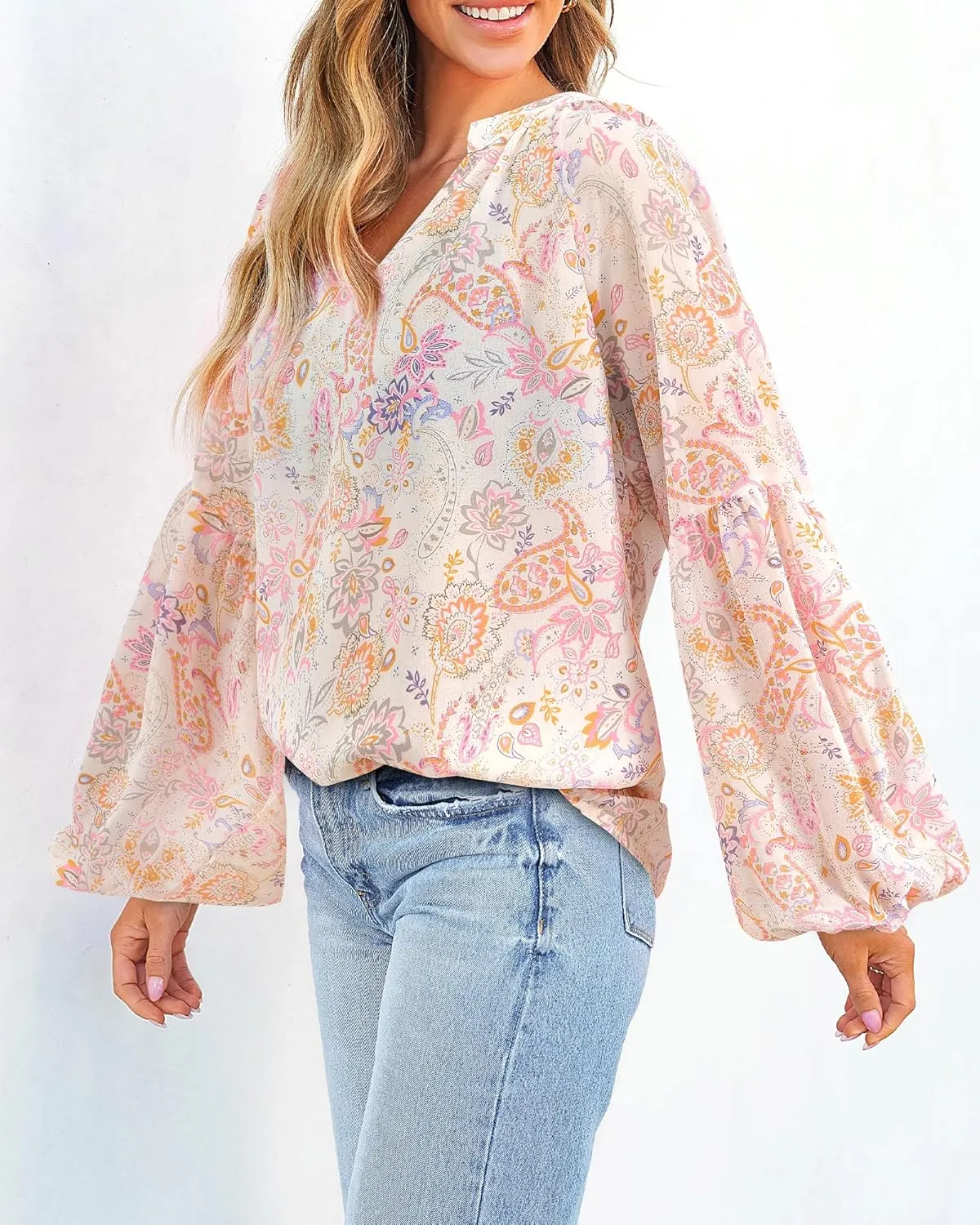 BTFBM Boho Blouses for Women Dressy Casual Floral Long Sleeve Shirts V Neck Lightweight Chiffon Summer Spring Tops 2025