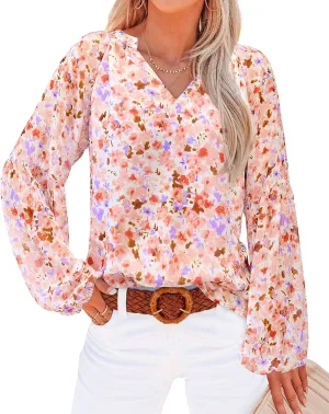 BTFBM Boho Blouses for Women Dressy Casual Floral Long Sleeve Shirts V Neck Lightweight Chiffon Summer Spring Tops 2025