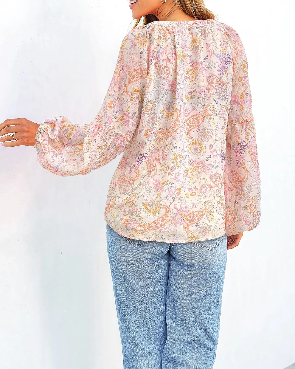 BTFBM Boho Blouses for Women Dressy Casual Floral Long Sleeve Shirts V Neck Lightweight Chiffon Summer Spring Tops 2025
