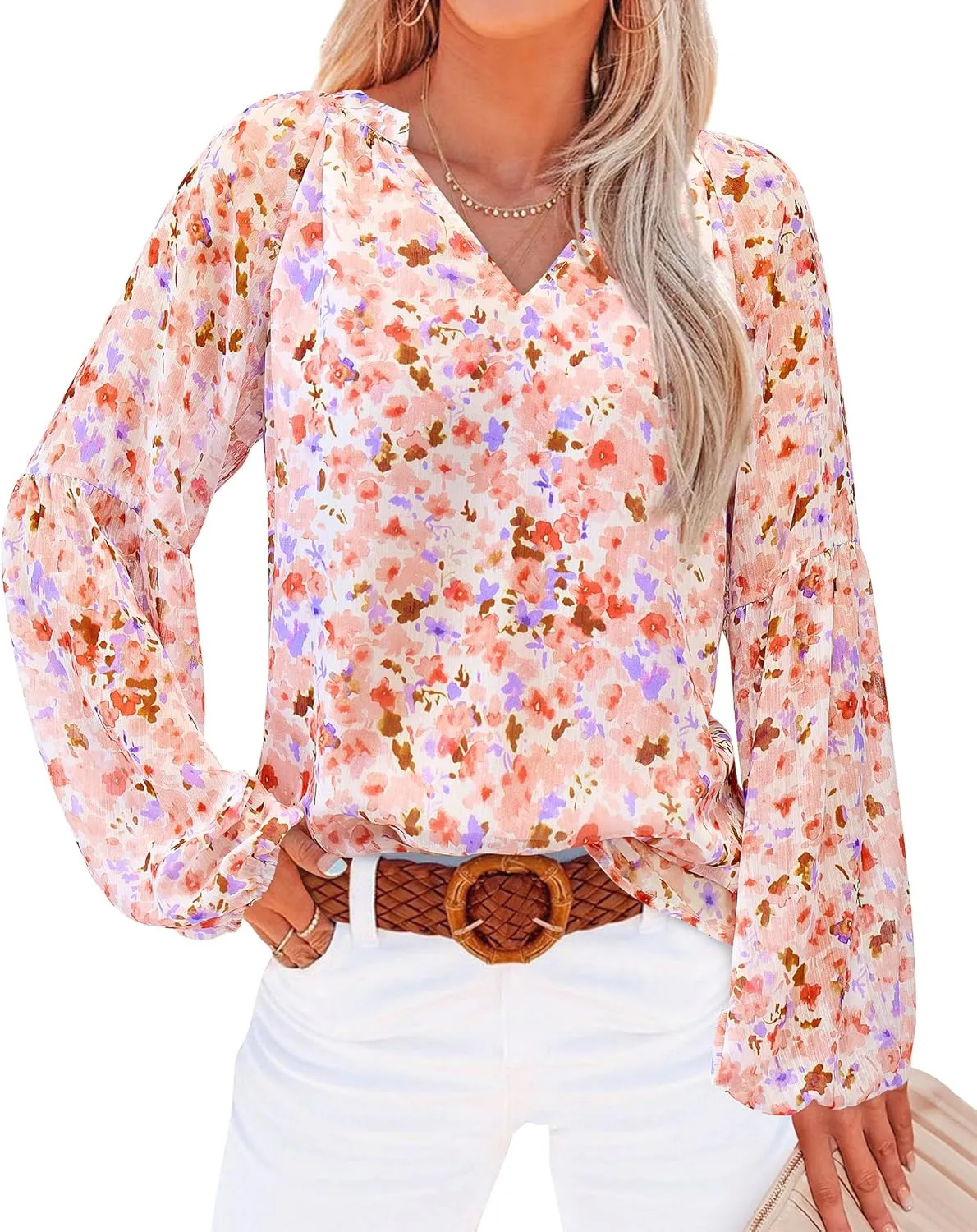 BTFBM Boho Blouses for Women Dressy Casual Floral Long Sleeve Shirts V Neck Lightweight Chiffon Summer Spring Tops 2025