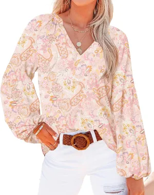 BTFBM Boho Blouses for Women Dressy Casual Floral Long Sleeve Shirts V Neck Lightweight Chiffon Summer Spring Tops 2025