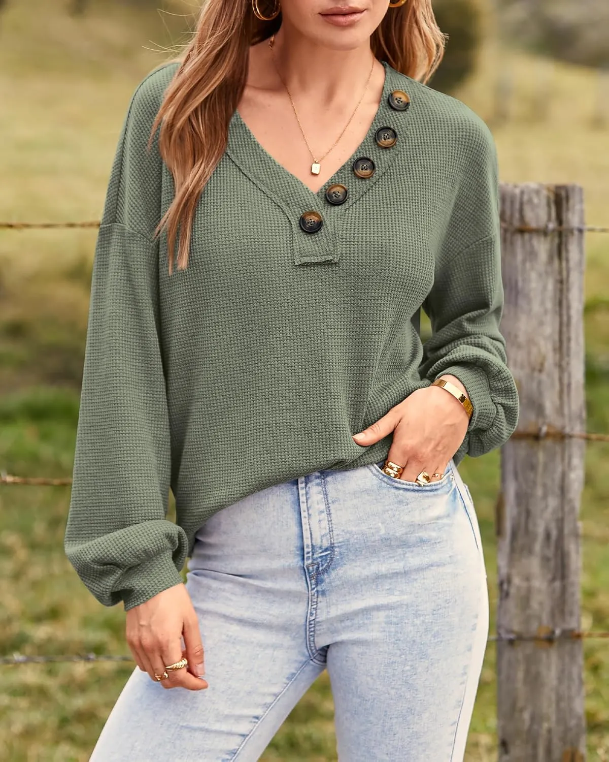 BTFBM Women Long Sleeve Shirts Spring Fall 2025 V Neck Loose Casual Blouse Deco Button Lightweight Waffle Knit Pullover