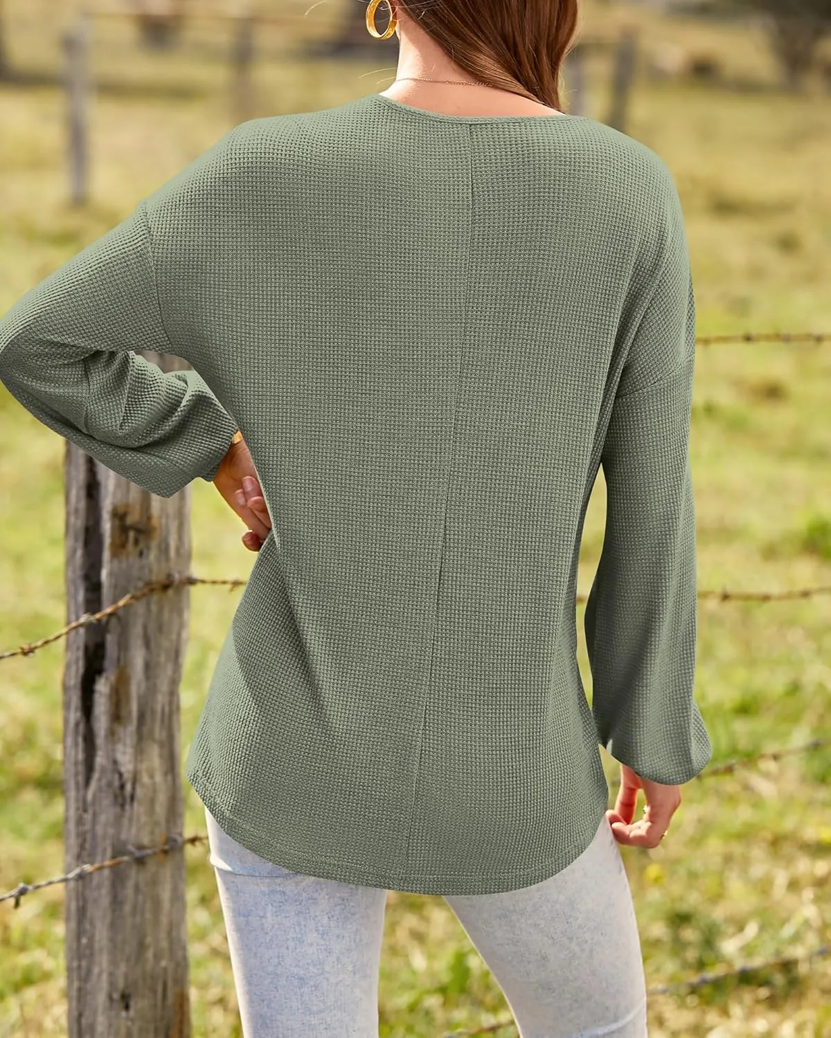 BTFBM Women Long Sleeve Shirts Spring Fall 2025 V Neck Loose Casual Blouse Deco Button Lightweight Waffle Knit Pullover
