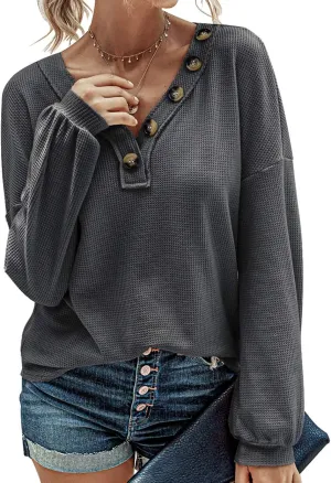 BTFBM Women Long Sleeve Shirts Spring Fall 2025 V Neck Loose Casual Blouse Deco Button Lightweight Waffle Knit Pullover