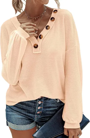BTFBM Women Long Sleeve Shirts Spring Fall 2025 V Neck Loose Casual Blouse Deco Button Lightweight Waffle Knit Pullover