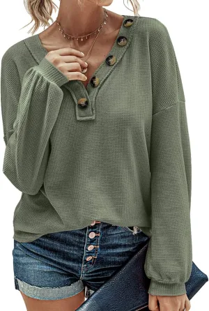 BTFBM Women Long Sleeve Shirts Spring Fall 2025 V Neck Loose Casual Blouse Deco Button Lightweight Waffle Knit Pullover