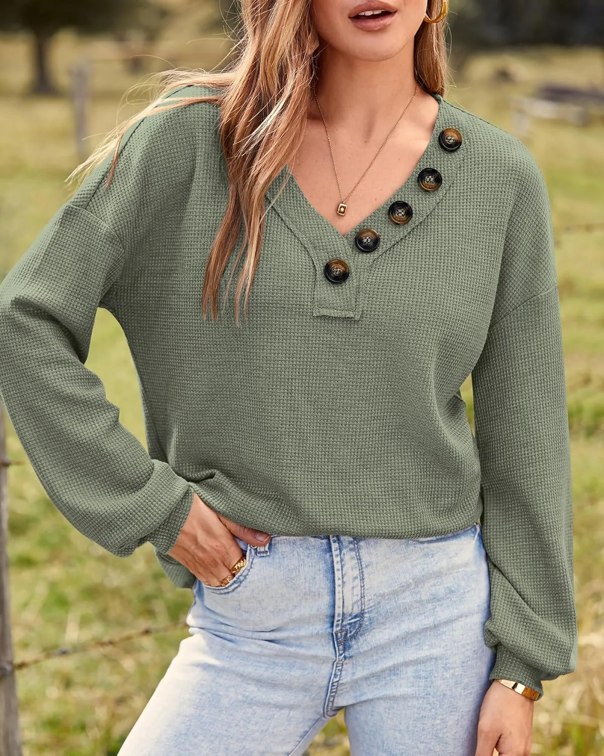 BTFBM Women Long Sleeve Shirts Spring Fall 2025 V Neck Loose Casual Blouse Deco Button Lightweight Waffle Knit Pullover