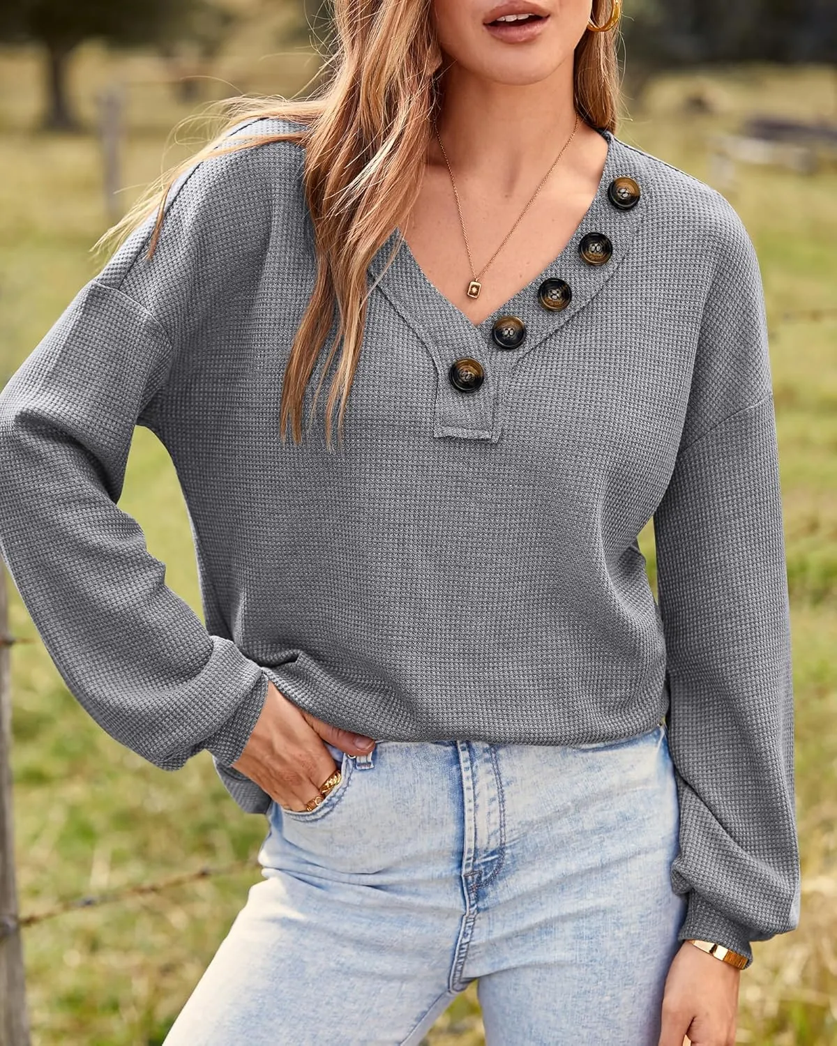 BTFBM Women Long Sleeve Shirts Spring Fall 2025 V Neck Loose Casual Blouse Deco Button Lightweight Waffle Knit Pullover