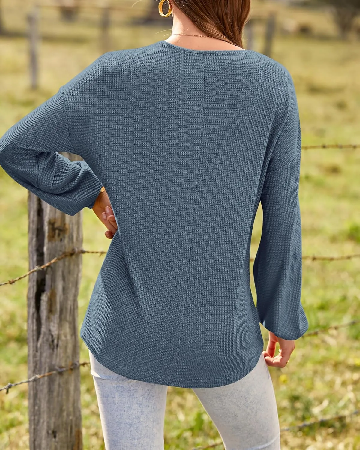 BTFBM Women Long Sleeve Shirts Spring Fall 2025 V Neck Loose Casual Blouse Deco Button Lightweight Waffle Knit Pullover