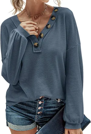 BTFBM Women Long Sleeve Shirts Spring Fall 2025 V Neck Loose Casual Blouse Deco Button Lightweight Waffle Knit Pullover