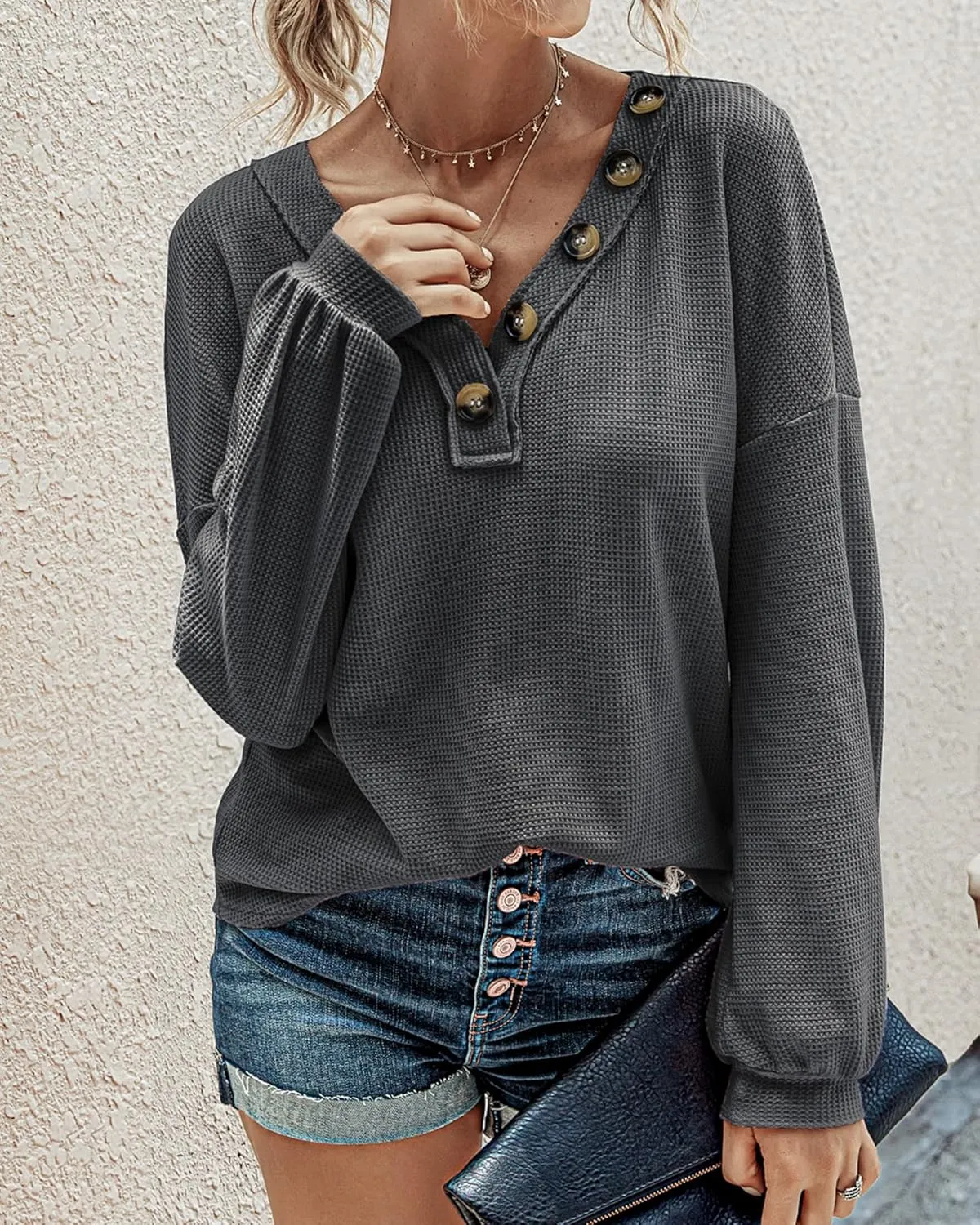 BTFBM Women Long Sleeve Shirts Spring Fall 2025 V Neck Loose Casual Blouse Deco Button Lightweight Waffle Knit Pullover
