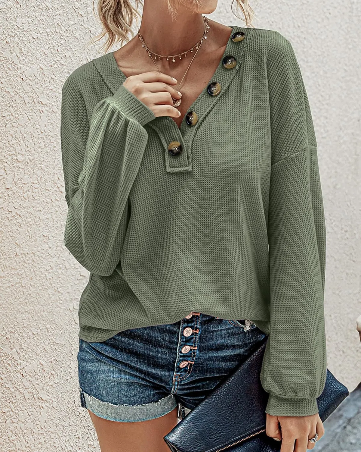 BTFBM Women Long Sleeve Shirts Spring Fall 2025 V Neck Loose Casual Blouse Deco Button Lightweight Waffle Knit Pullover