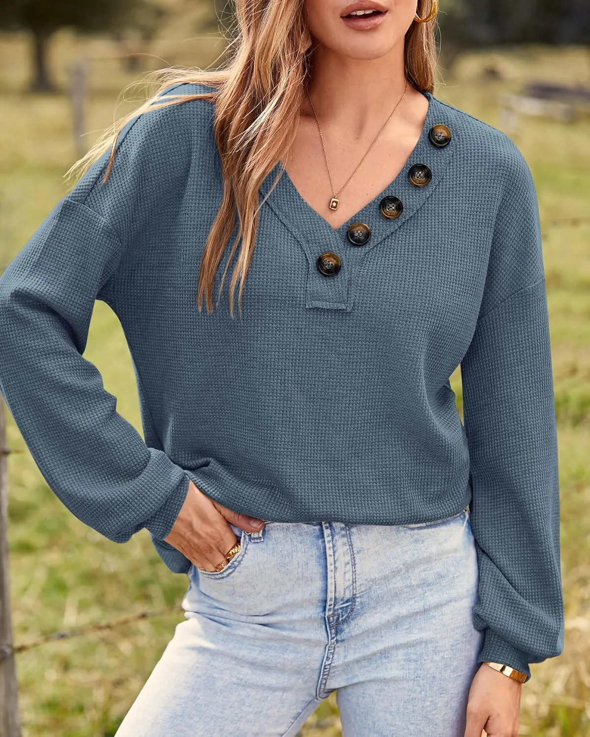 BTFBM Women Long Sleeve Shirts Spring Fall 2025 V Neck Loose Casual Blouse Deco Button Lightweight Waffle Knit Pullover