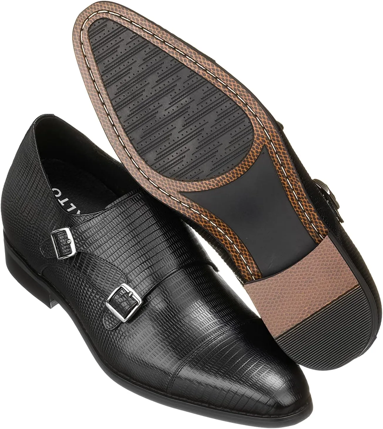 CALTO Men's Invisible Height Increasing Elevator Shoes - Black Leather Slip-on Dual Monk Straps Formal Loafers- 2.8 Inches Taller - K3114 - Size 12 D(M) US