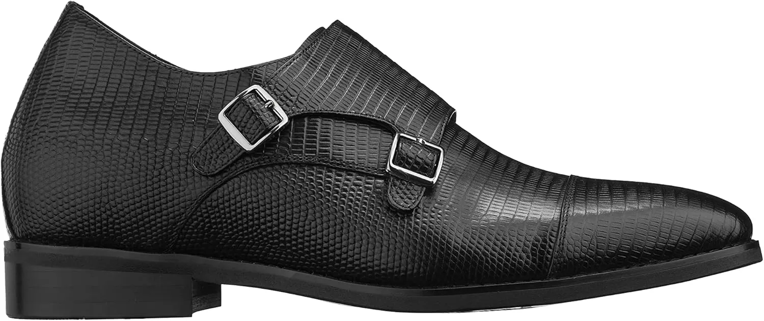 CALTO Men's Invisible Height Increasing Elevator Shoes - Black Leather Slip-on Dual Monk Straps Formal Loafers- 2.8 Inches Taller - K3114 - Size 12 D(M) US