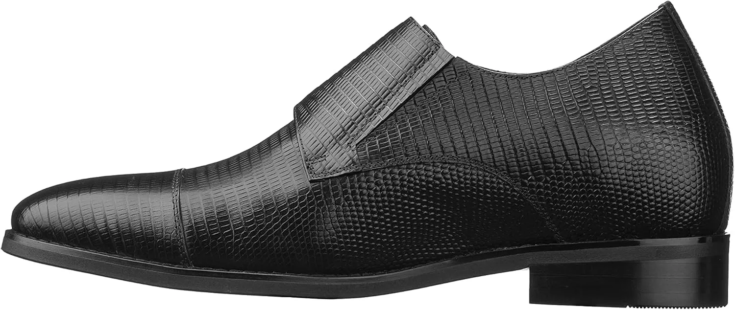 CALTO Men's Invisible Height Increasing Elevator Shoes - Black Leather Slip-on Dual Monk Straps Formal Loafers- 2.8 Inches Taller - K3114 - Size 12 D(M) US