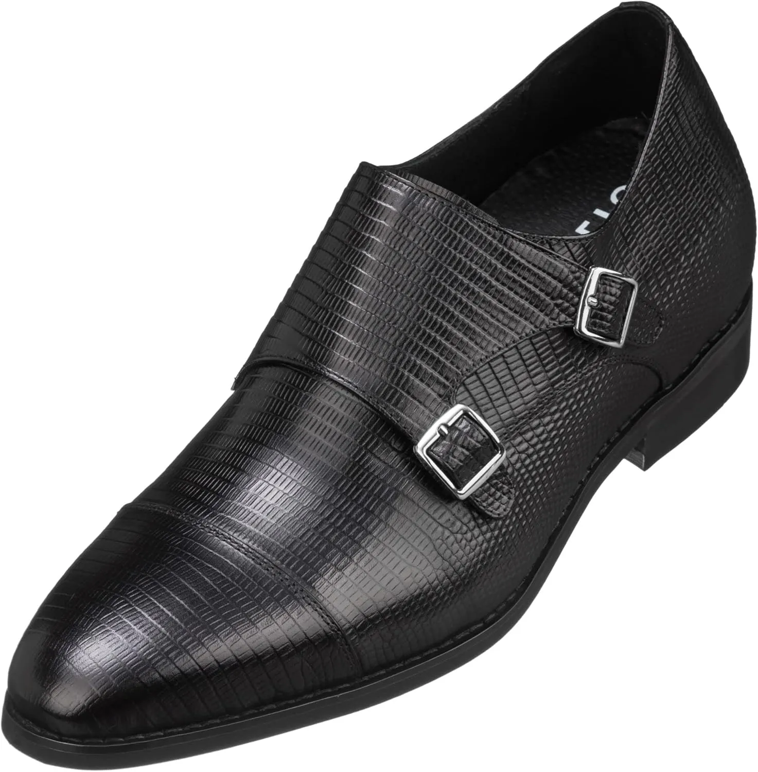 CALTO Men's Invisible Height Increasing Elevator Shoes - Black Leather Slip-on Dual Monk Straps Formal Loafers- 2.8 Inches Taller - K3114 - Size 12 D(M) US