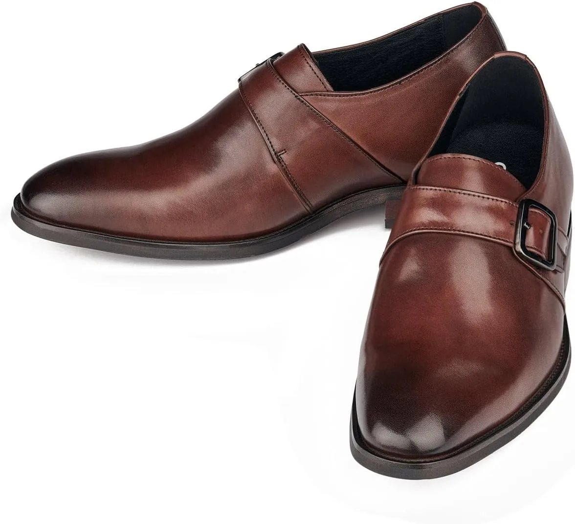 CALTO Men's Invisible Height Increasing Elevator Shoes - Coffee Brown Leather Slip-on Monk-Strap Dress Loafers - 2.8 Inches Taller - Y7255 - Size 9 D(M) US