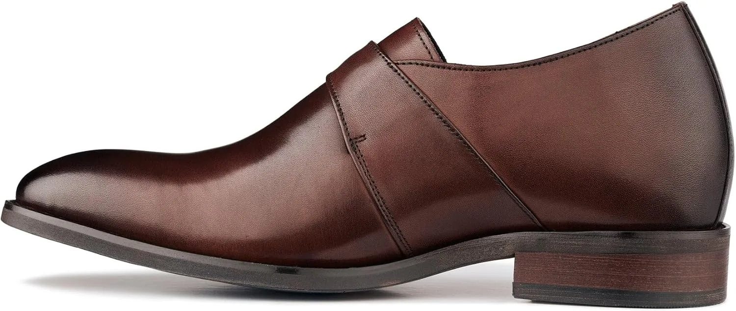 CALTO Men's Invisible Height Increasing Elevator Shoes - Coffee Brown Leather Slip-on Monk-Strap Dress Loafers - 2.8 Inches Taller - Y7255 - Size 9 D(M) US