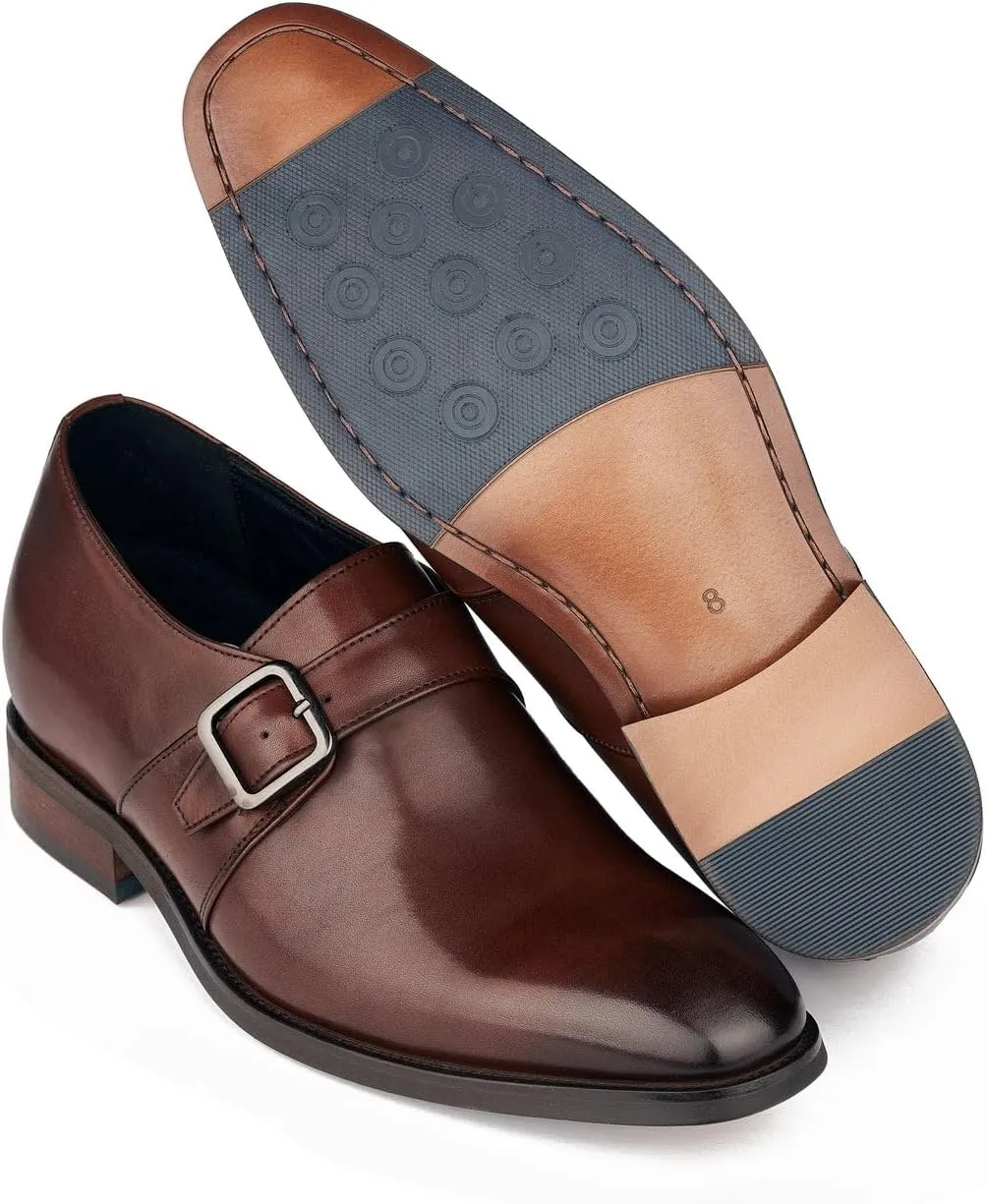 CALTO Men's Invisible Height Increasing Elevator Shoes - Coffee Brown Leather Slip-on Monk-Strap Dress Loafers - 2.8 Inches Taller - Y7255 - Size 9 D(M) US