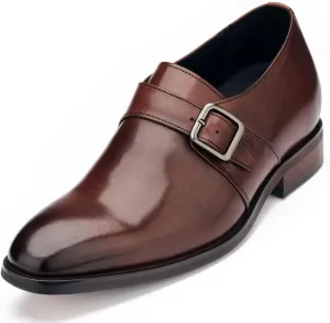 CALTO Men's Invisible Height Increasing Elevator Shoes - Coffee Brown Leather Slip-on Monk-Strap Dress Loafers - 2.8 Inches Taller - Y7255 - Size 9 D(M) US