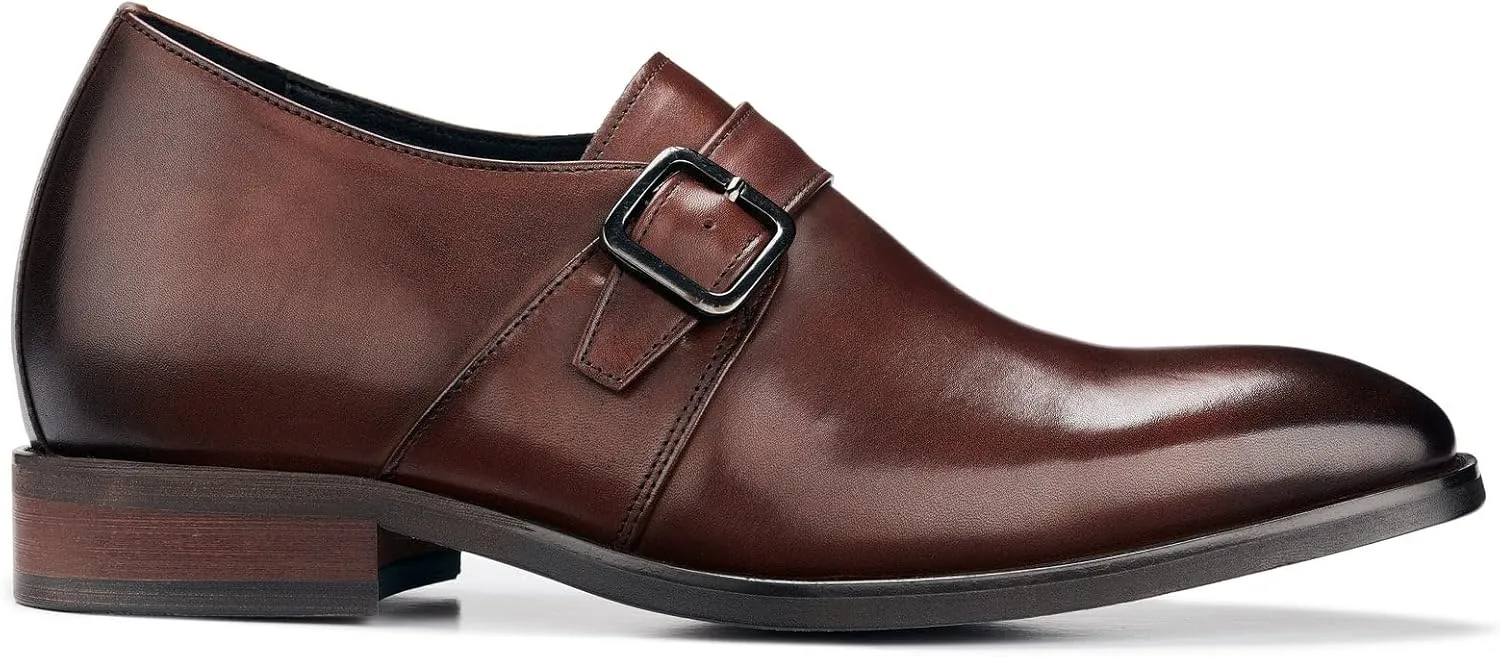 CALTO Men's Invisible Height Increasing Elevator Shoes - Coffee Brown Leather Slip-on Monk-Strap Dress Loafers - 2.8 Inches Taller - Y7255 - Size 9 D(M) US