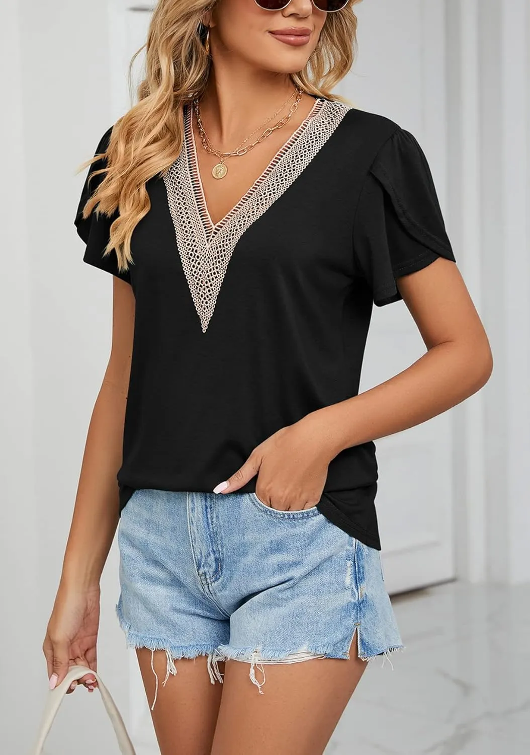Cap Sleeve Summer Tops for Women Trendy Floral Print Casual V Neck T Shirts Petal Sleeve Blouses