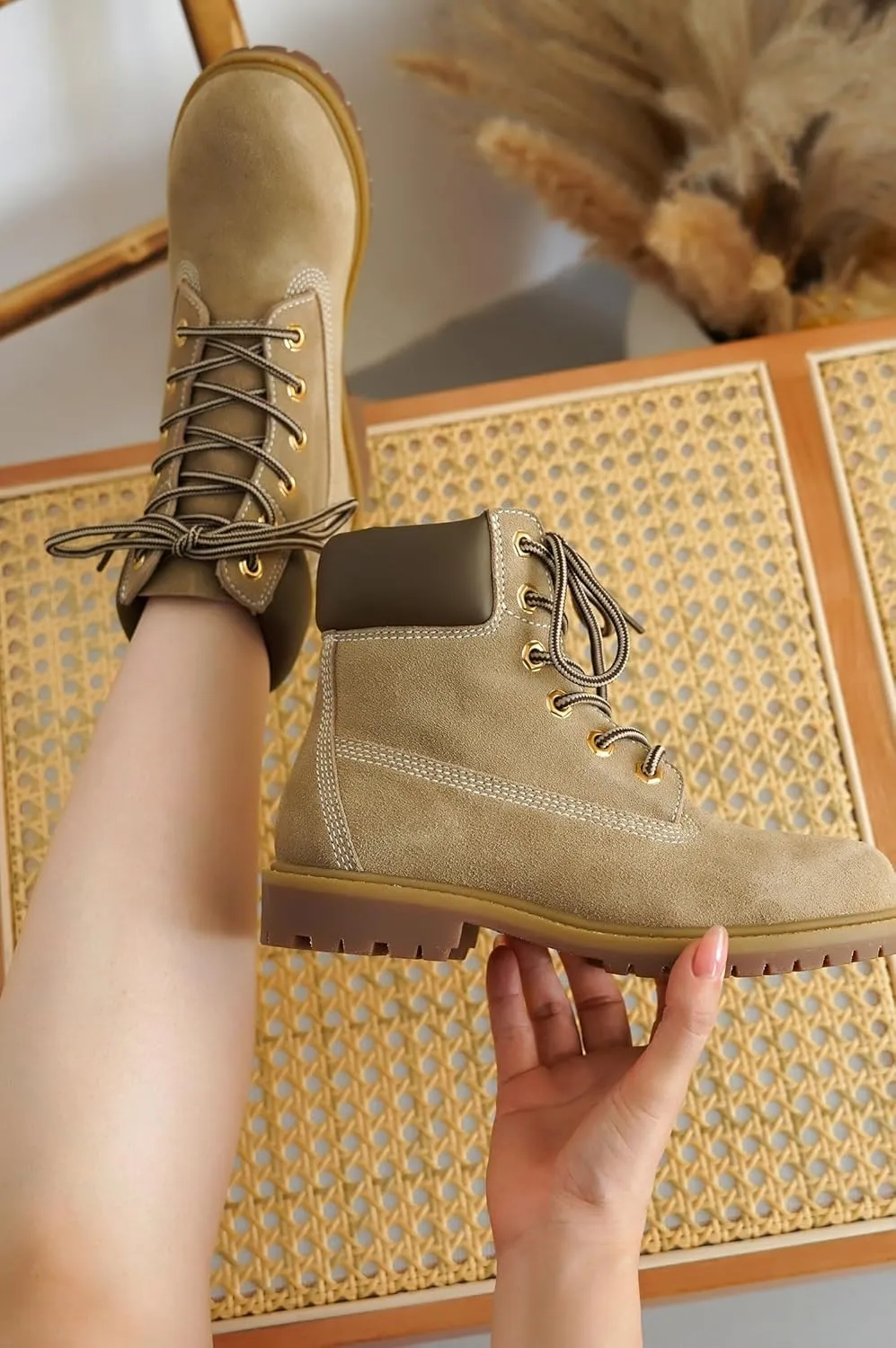 Cape Robbin Cow Suede Leather Slip-Resistant Ankle Boots Womens - Lace-Up Combat Boots - Water-Resistant Fall Moto Boots, Womens Winter Combat Boots (Alecia.A)