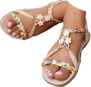 Casual Bohemian Beach Sandals Orthopedic Wedge Sandal for Women Ankle Strap Flip Flops Open Toe Jeweled Flat Sandals 2025
