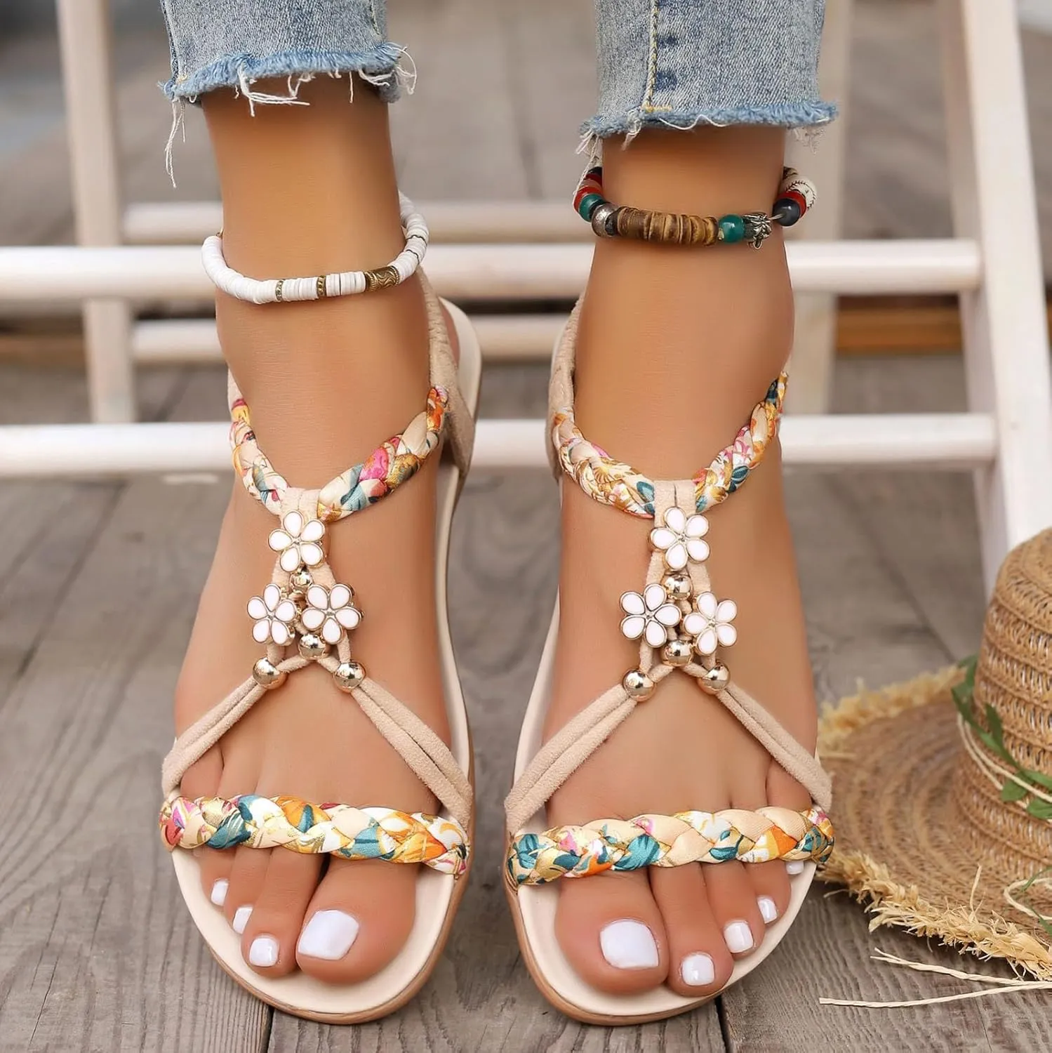 Casual Bohemian Beach Sandals Orthopedic Wedge Sandal for Women Ankle Strap Flip Flops Open Toe Jeweled Flat Sandals 2025