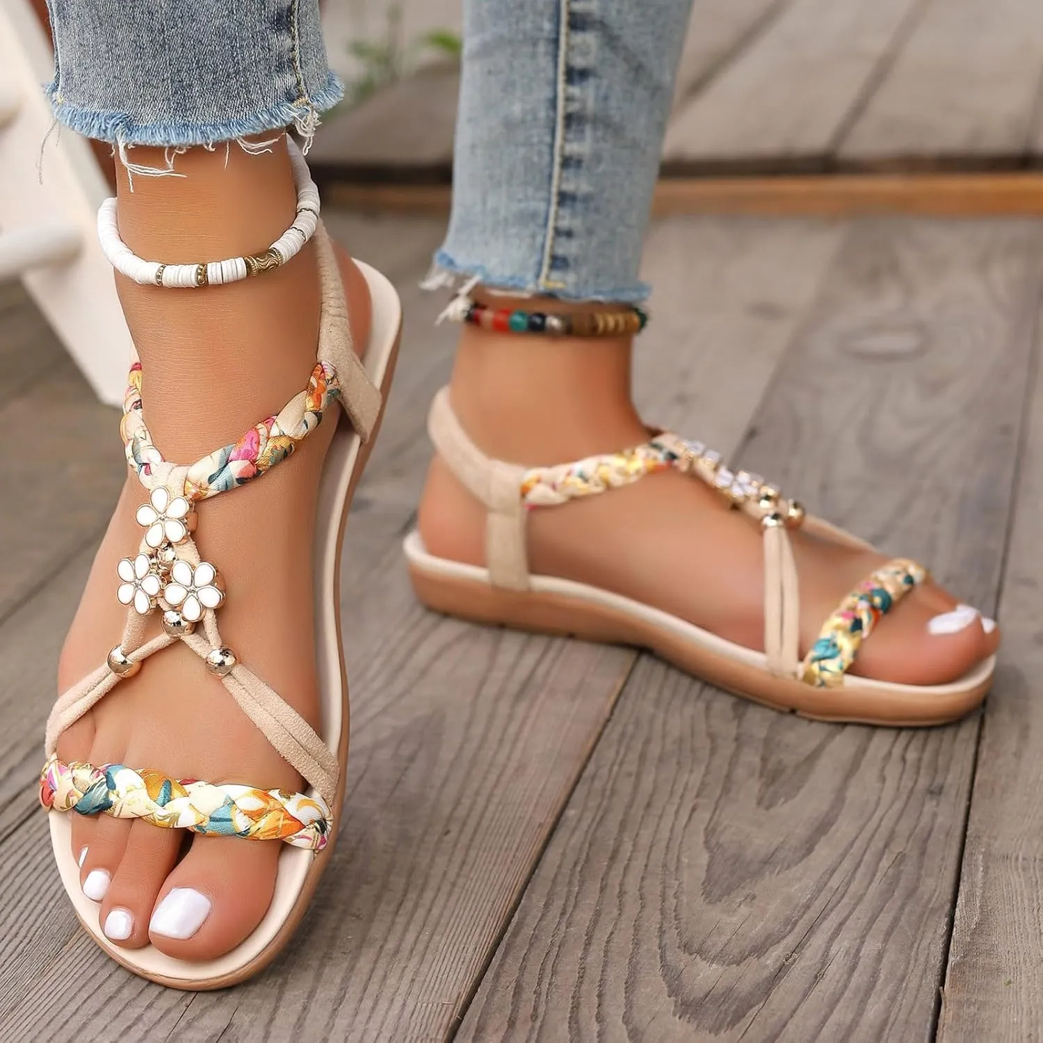 Casual Bohemian Beach Sandals Orthopedic Wedge Sandal for Women Ankle Strap Flip Flops Open Toe Jeweled Flat Sandals 2025