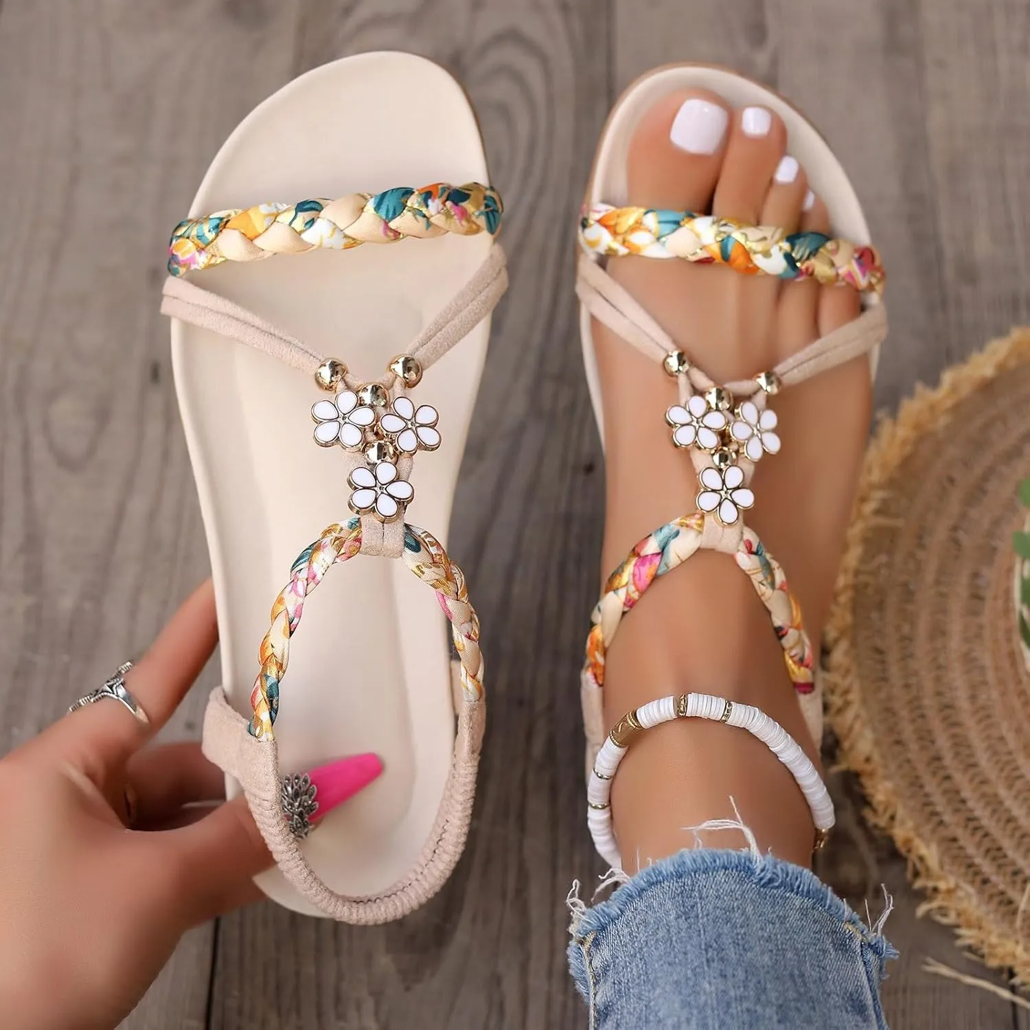 Casual Bohemian Beach Sandals Orthopedic Wedge Sandal for Women Ankle Strap Flip Flops Open Toe Jeweled Flat Sandals 2025