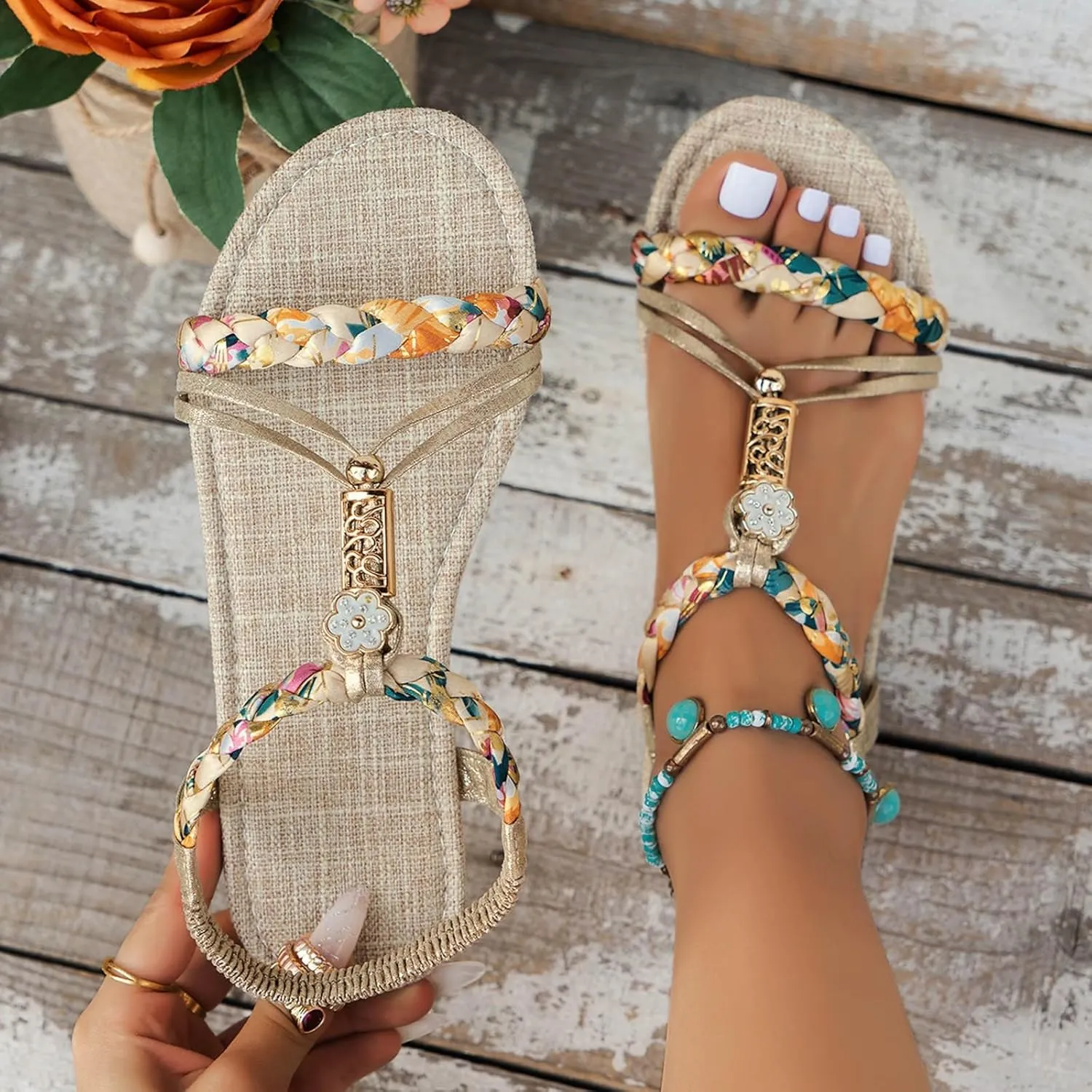 Casual Bohemian Beach Sandals Orthopedic Wedge Sandals for Women Ankle Strap Flip Flops Open Toe Jeweled Flat Sandals 2025